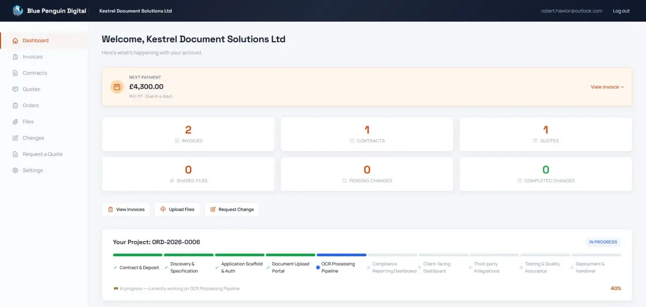 Blue Penguin Digital client portal — project phases with progress bar, due invoice, and project timeline