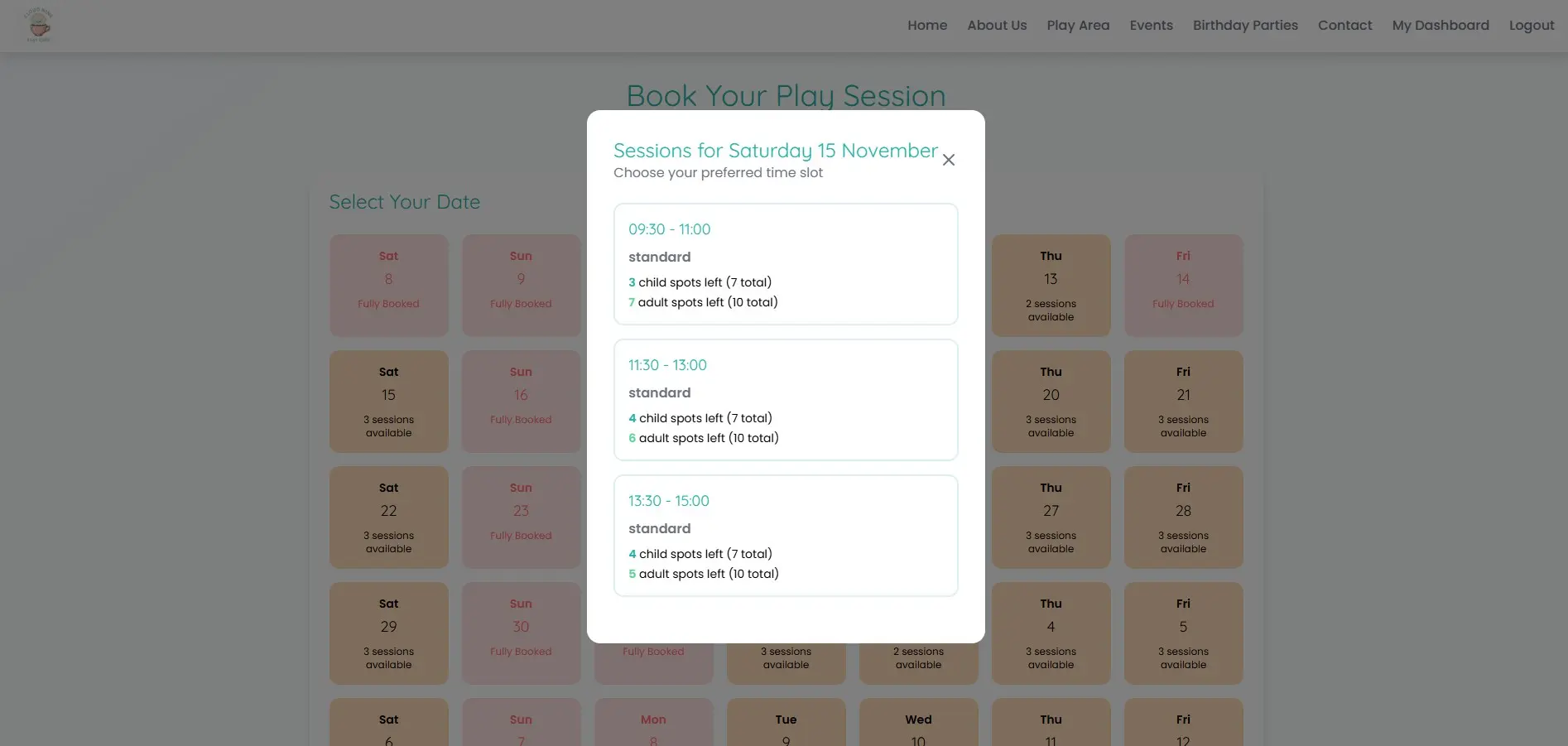 Cloud Nine Play Cafe booking system interface showing calendar, session selection, and pricing breakdown