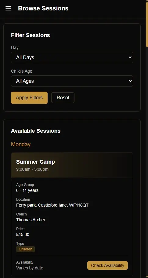 D.E.S.T parent portal — mobile booking view
