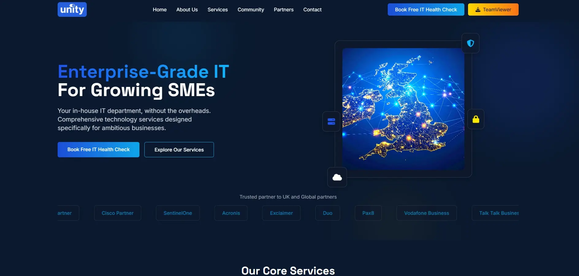 Unity Tech website homepage - First website for IT services company showcasing enterprise solutions and cybersecurity services